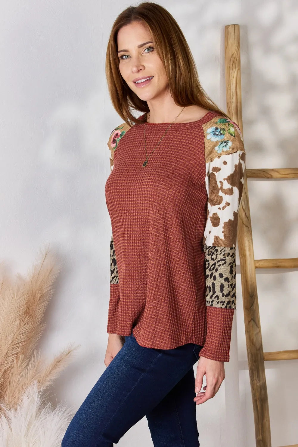 Hailey & Co Full Size Leopard Waffle-Knit Blouse - Fashorio