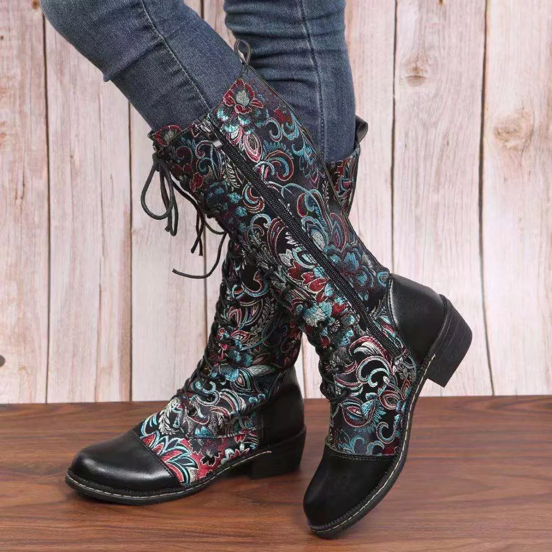 Embroidered Lace Up Block Heel Boots close up of the toe
