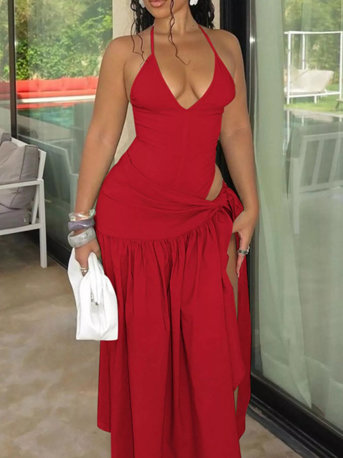 Halter Neck Ruched Bodysuit and Maxi Skirt Set, view 24