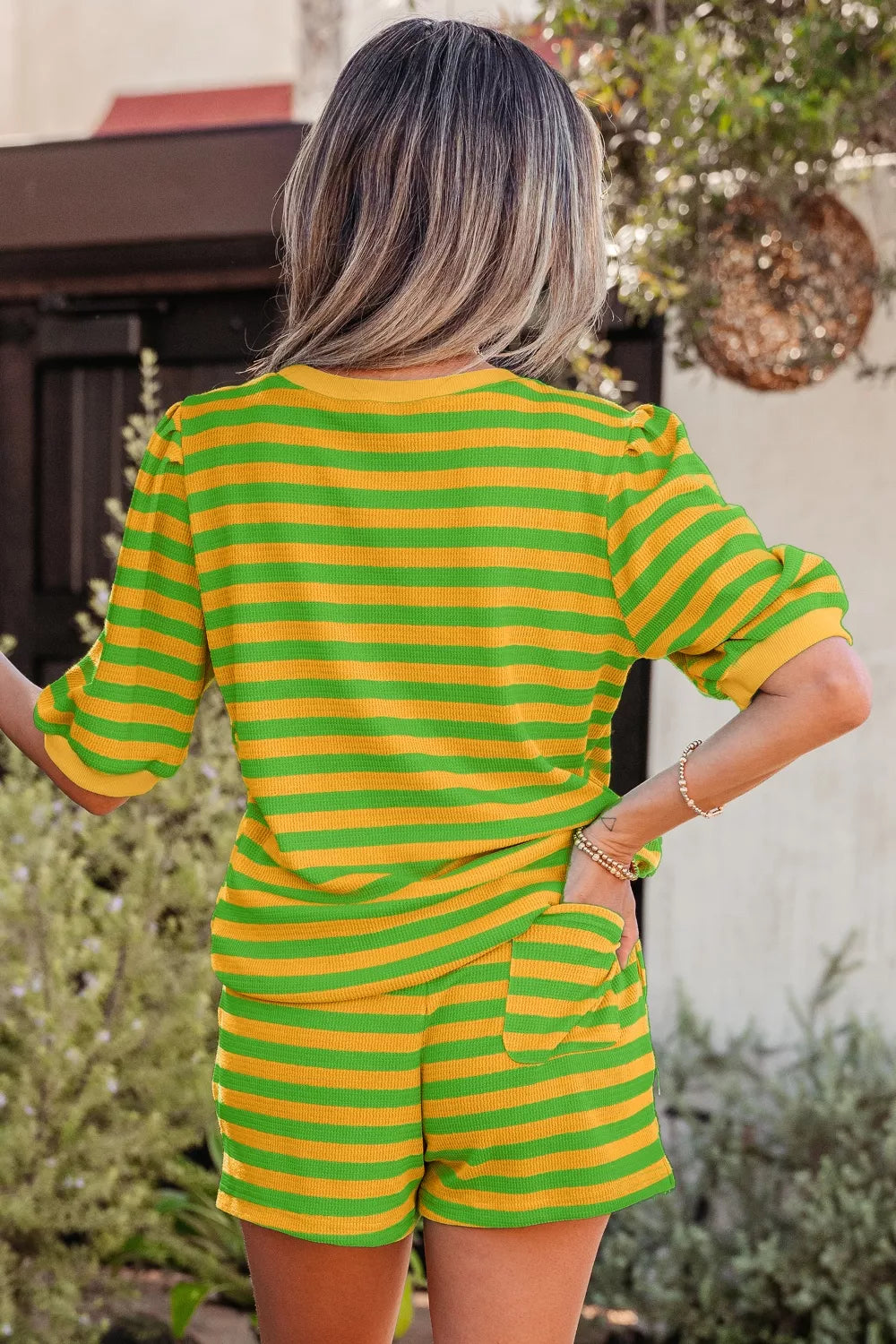 Striped puff sleeve top and shorts set styled