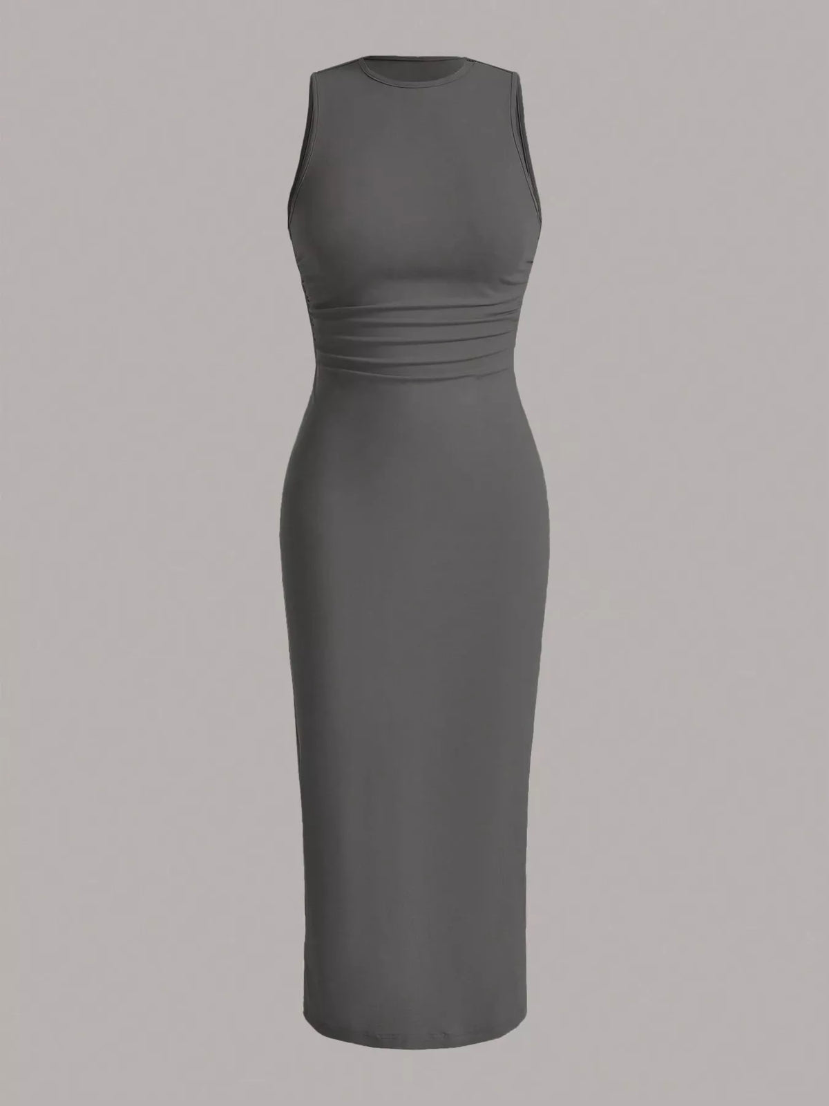 Stretch midi dress side view showing the skimming fit