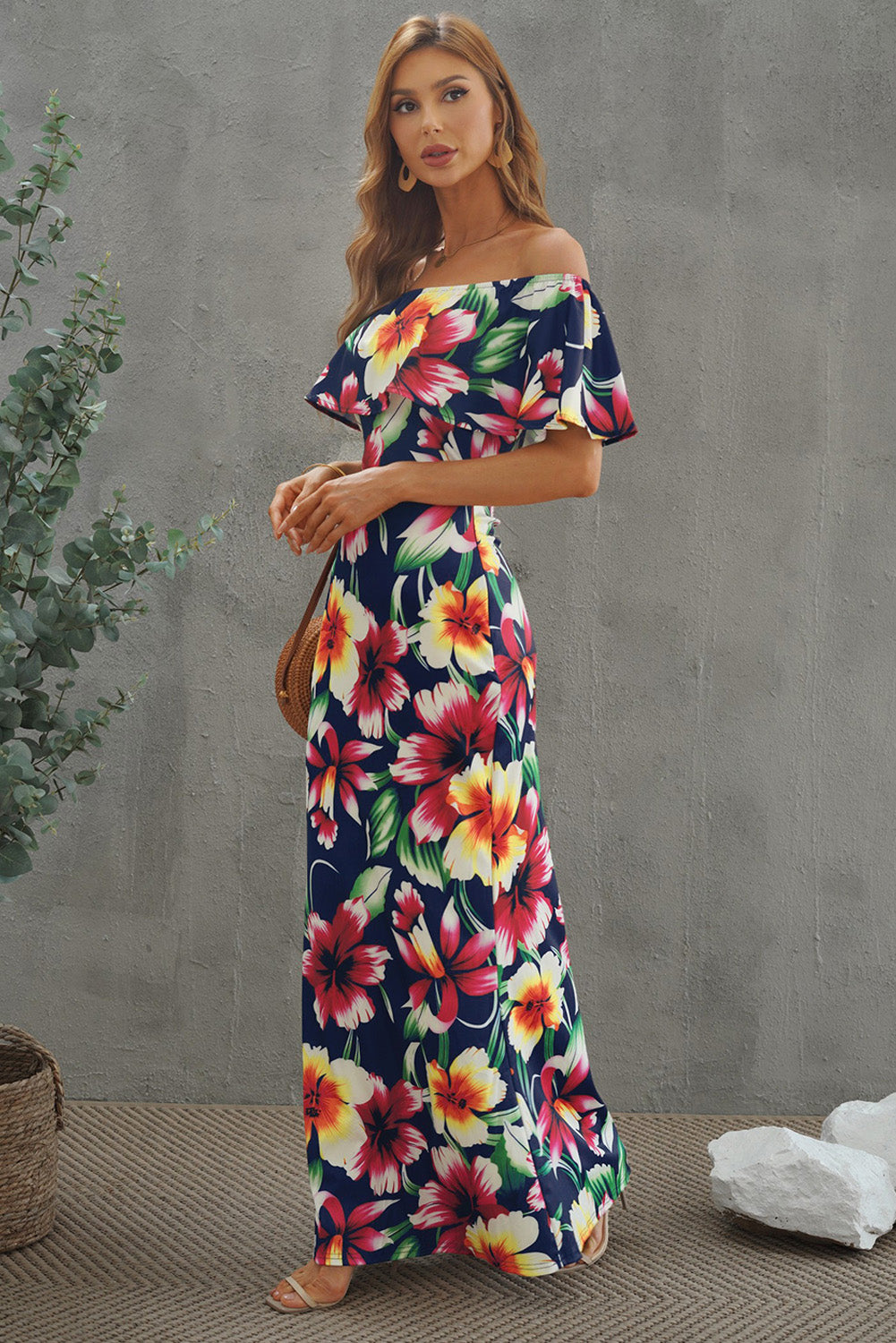Floral Layered Off-Shoulder Maxi Dress - Fashorio