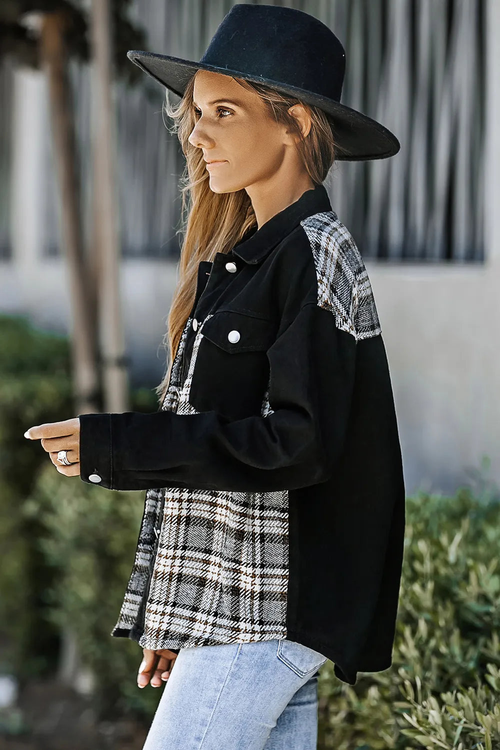 Plaid Pocketed Button Up Denim Jacket - Fashorio