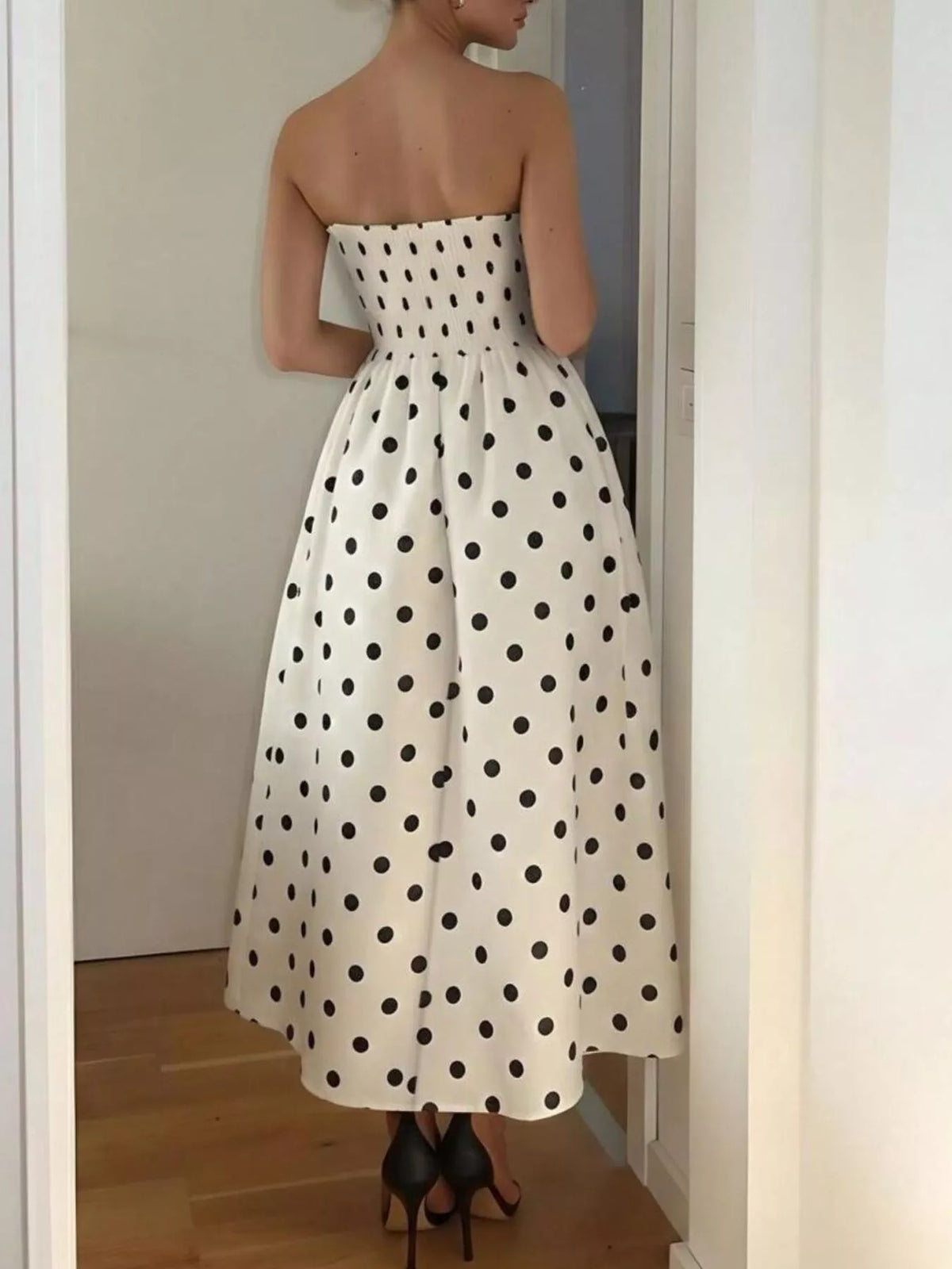 Cream polka dot strapless midi dress, styled look