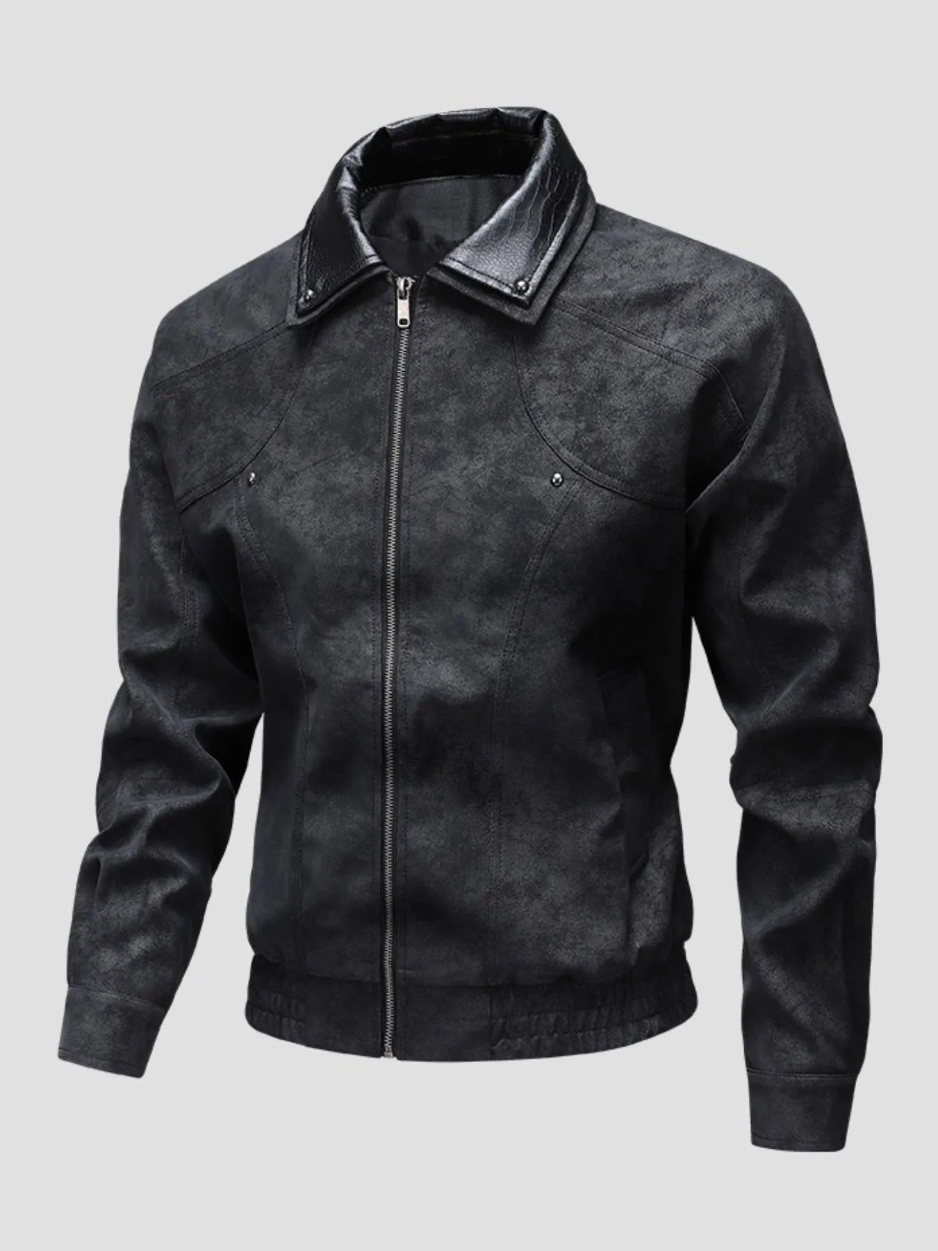 Men's Plus Size Leather Bomber Jacket with Full Zip Front Black - Fashorio