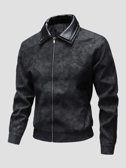 Men's Plus Size Leather Bomber Jacket with Full Zip Front Black - Fashorio
