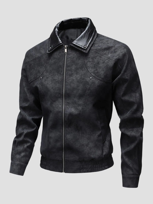 Men's Plus Size Leather Bomber Jacket with Full Zip Front Black - Fashorio