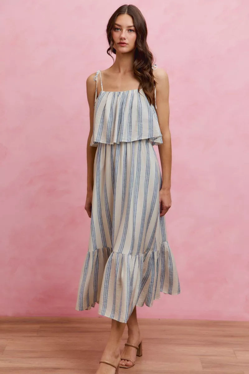 White and blue striped tiered midi dress with shoulder ties front view