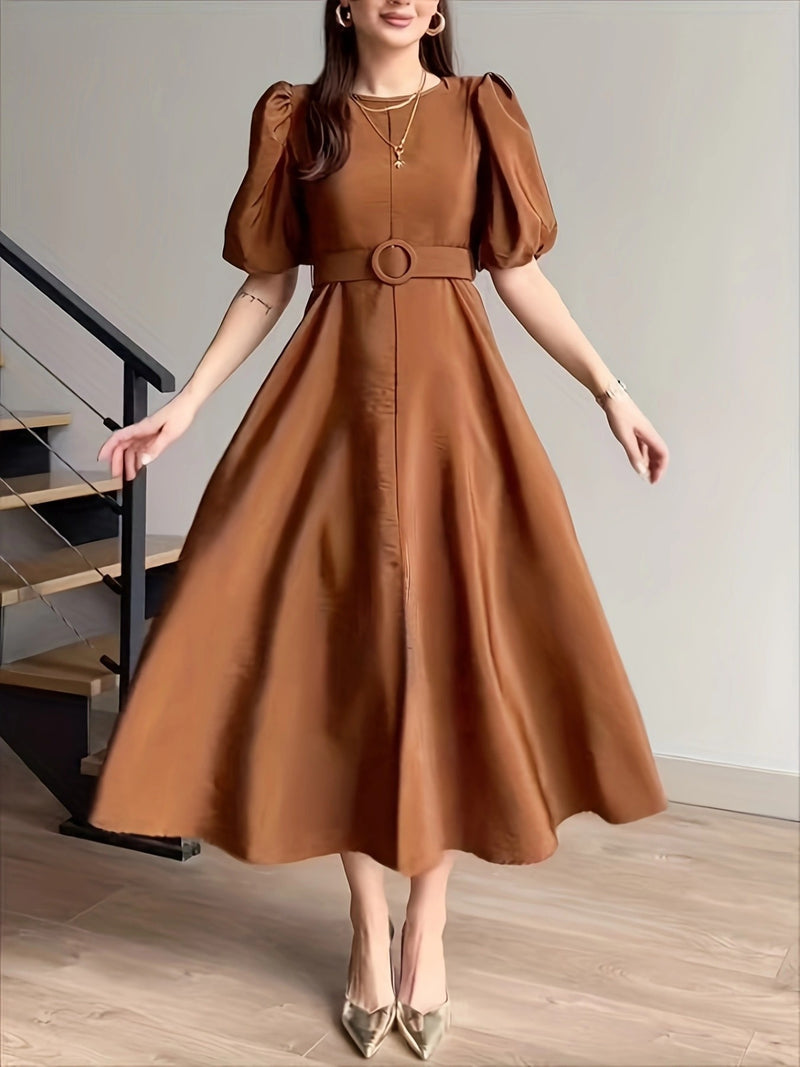 tan belted puff sleeve midi dress front view