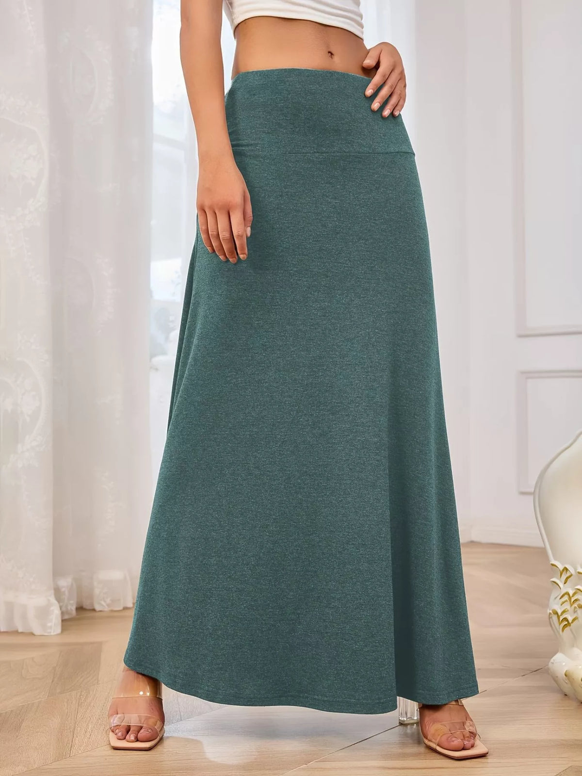 Wide waistband skirt shown in a purple tone