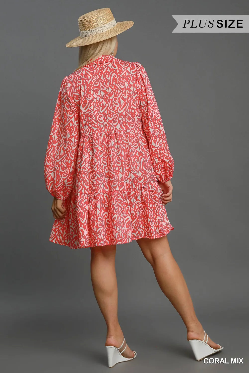 Two Tone Print Balloon Sleeve Tiered Dress on model