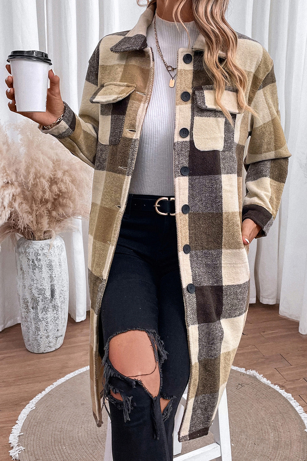 Plaid Button Down Longline Coat - Fashorio