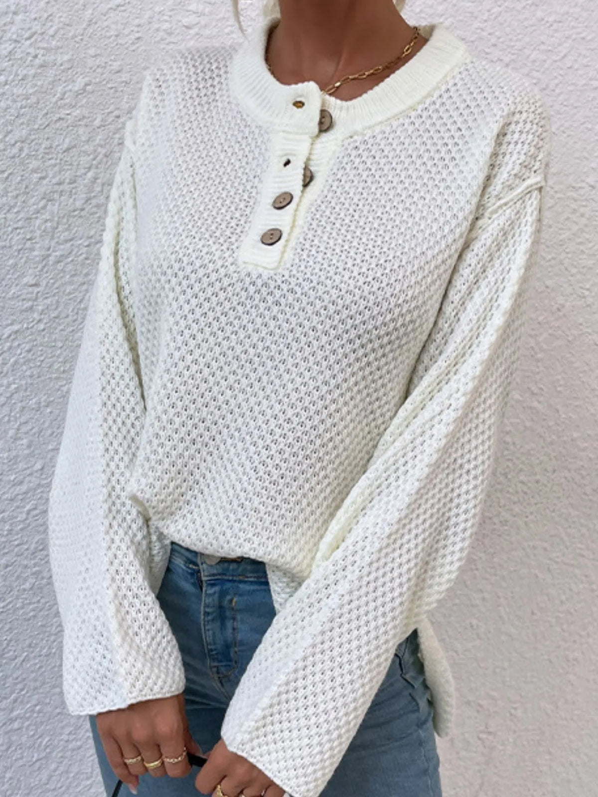 Button Detail Long Sleeve Waffle Knit Top, view 24