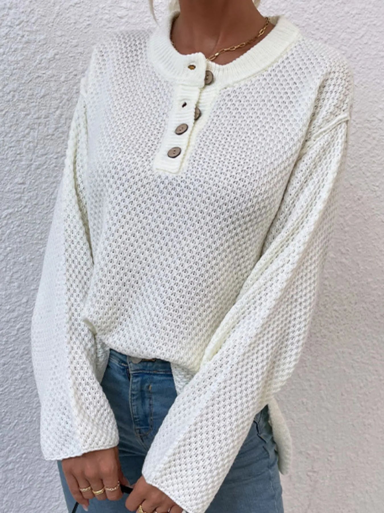 Button Detail Long Sleeve Knit Top - Fashorio
