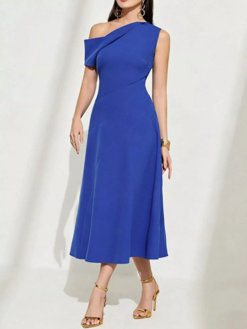 one shoulder midi dress in royal blue front view