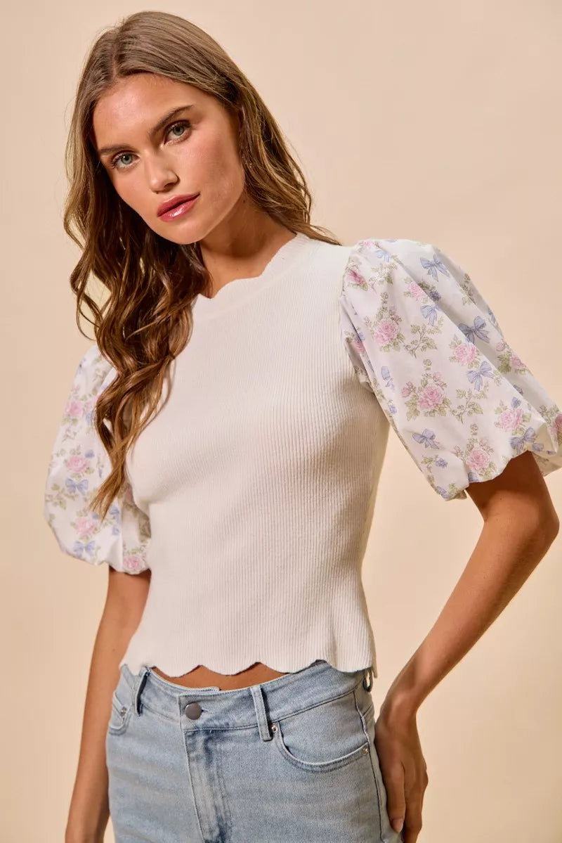 Contrast sleeve scallop sweater top side pose