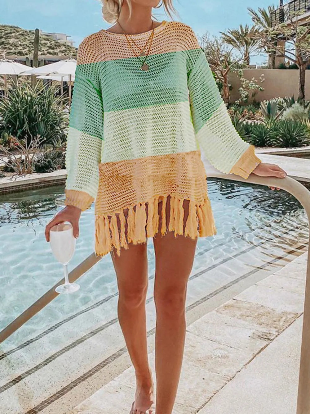 Angel Wings Openwork Tassel Hem Knit Kimono Cover Up, view 6