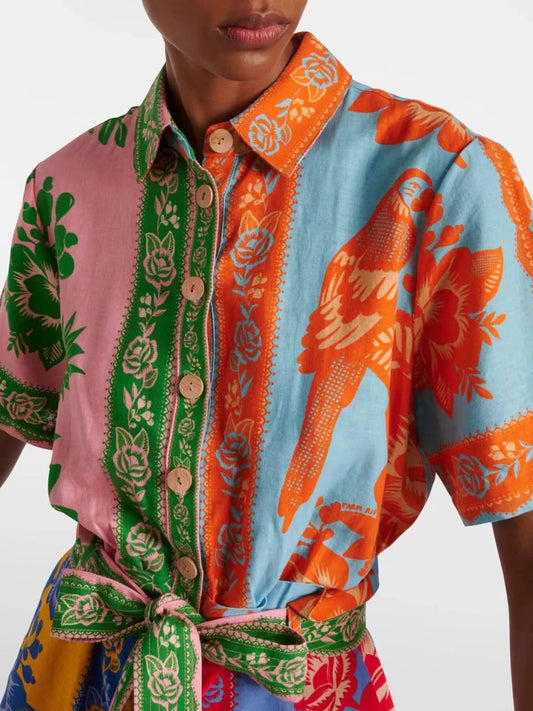 Printed Short Sleeve Tie Waist Romper Multicolor - Fashorio