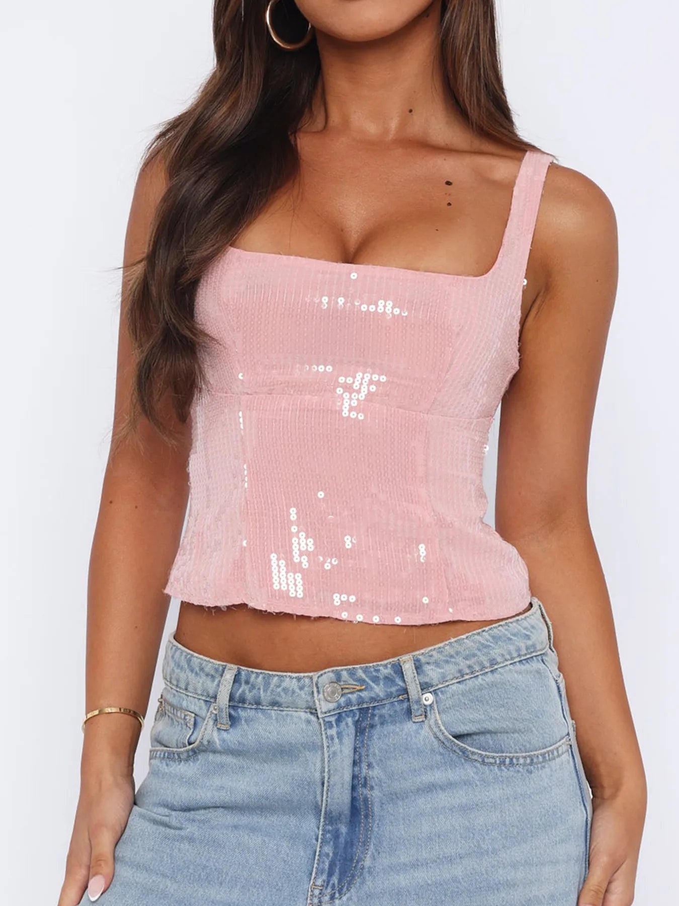 Sequined Cropped Cami Top with Back Zipper Pink - Fashorio
