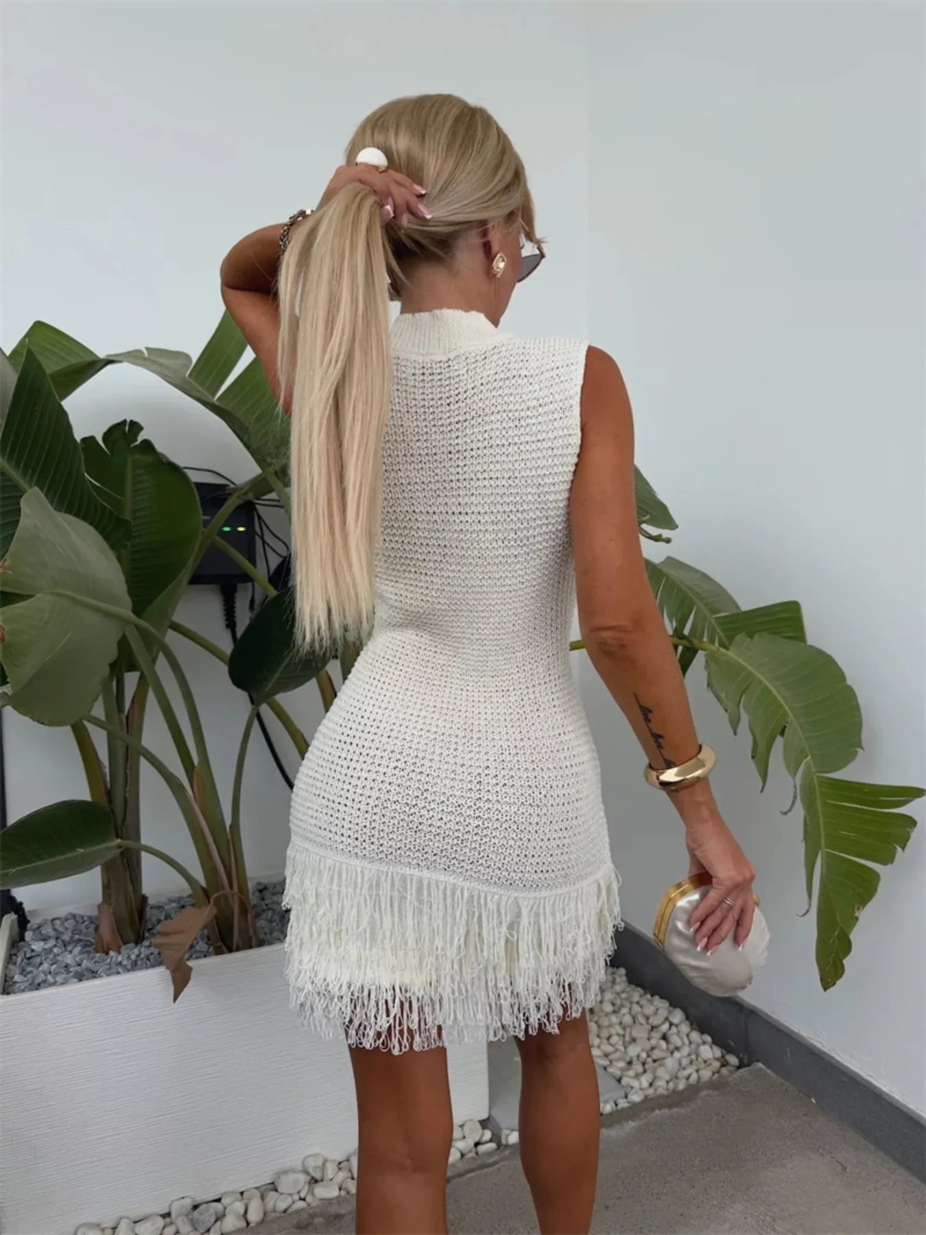 Fringe Round Neck Sweater Dress - Fashorio