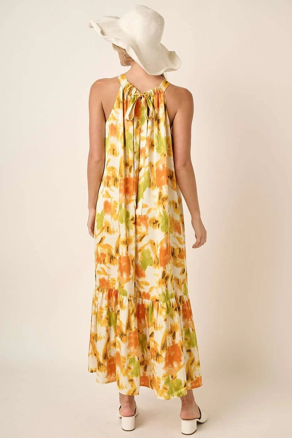 Watercolor halter satin maxi dress neckline detail