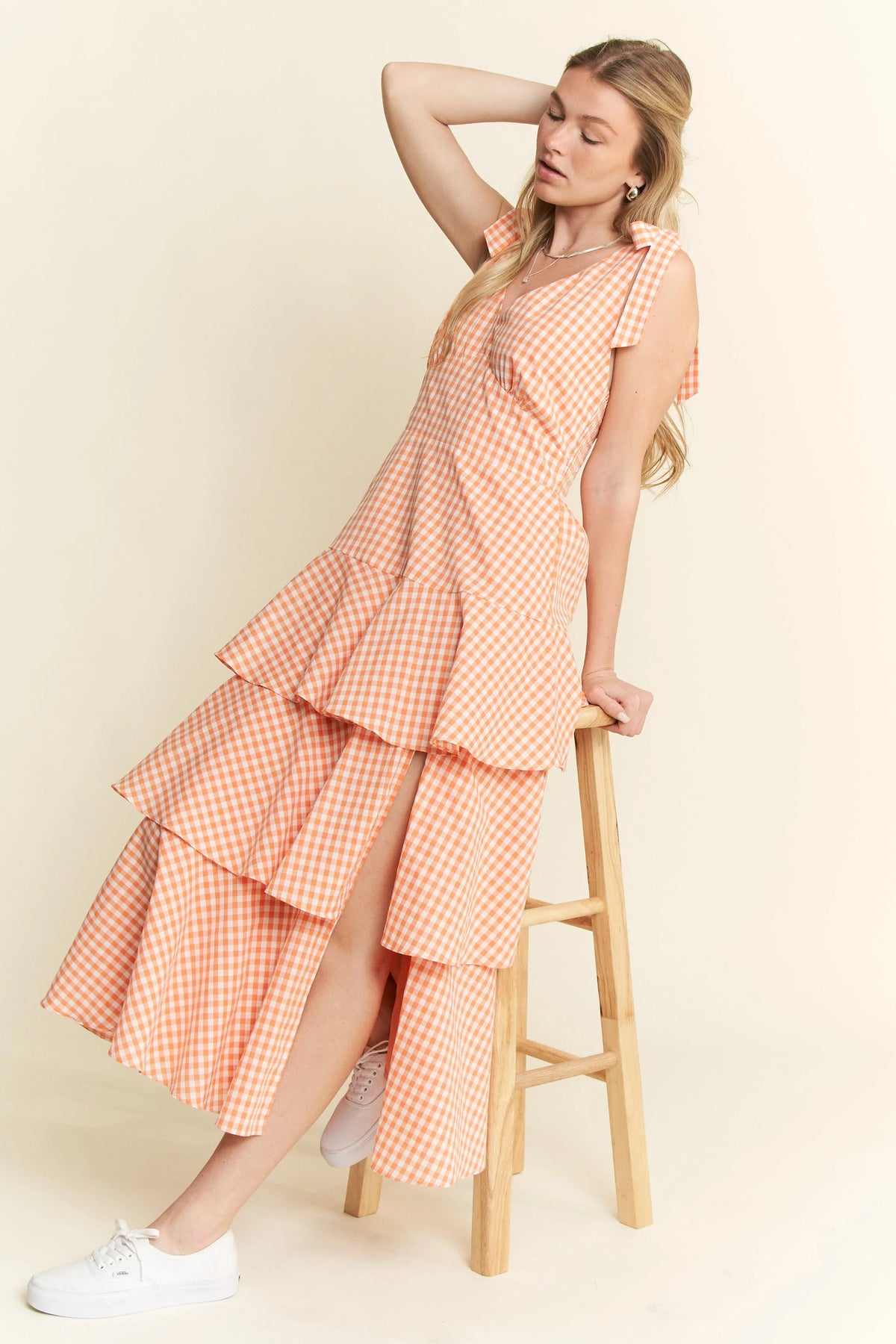 Sleeveless Gingham Print Tiered Midi Dress view 11