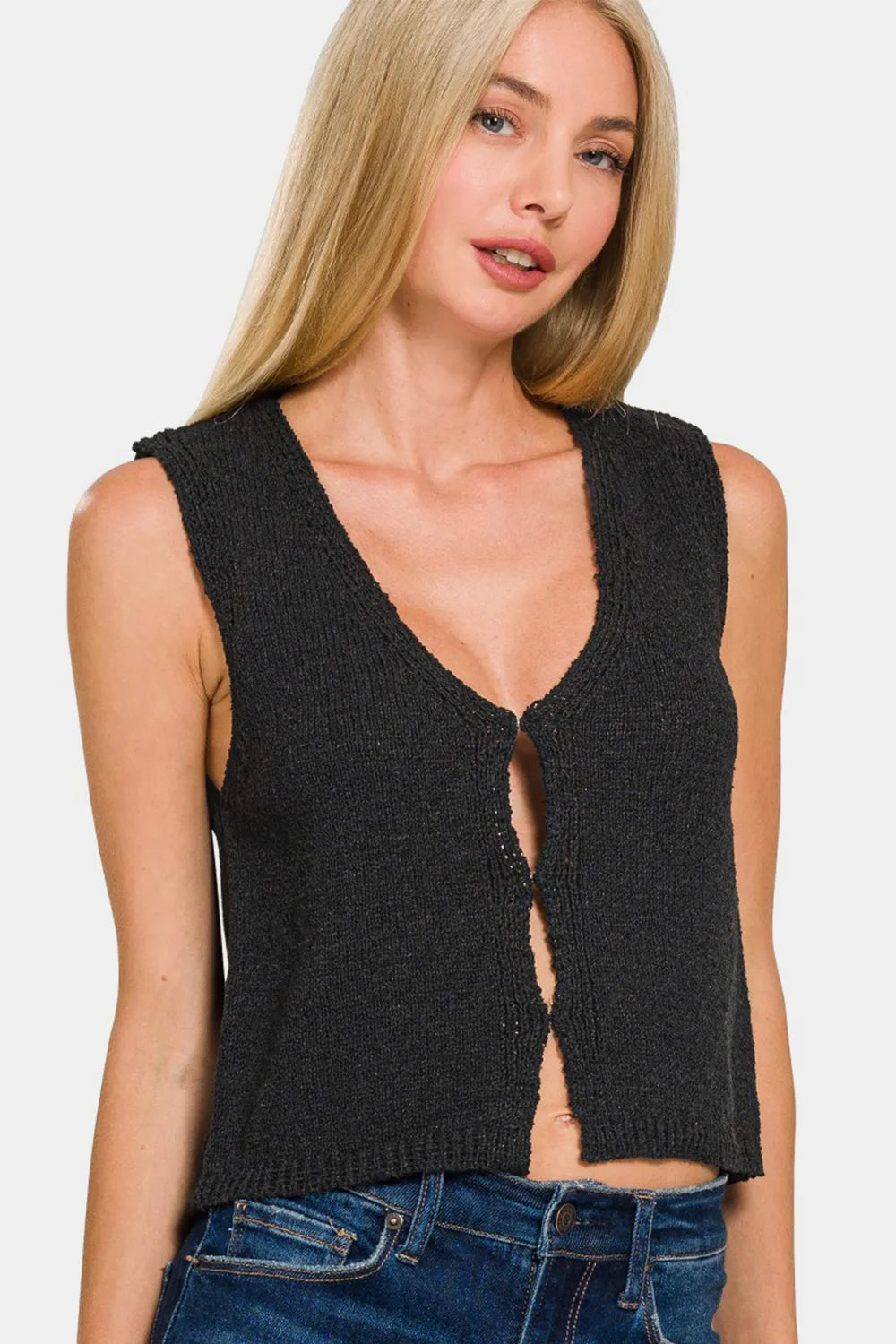 Hook and Eye V Neck Sweater Vest in Black side view
