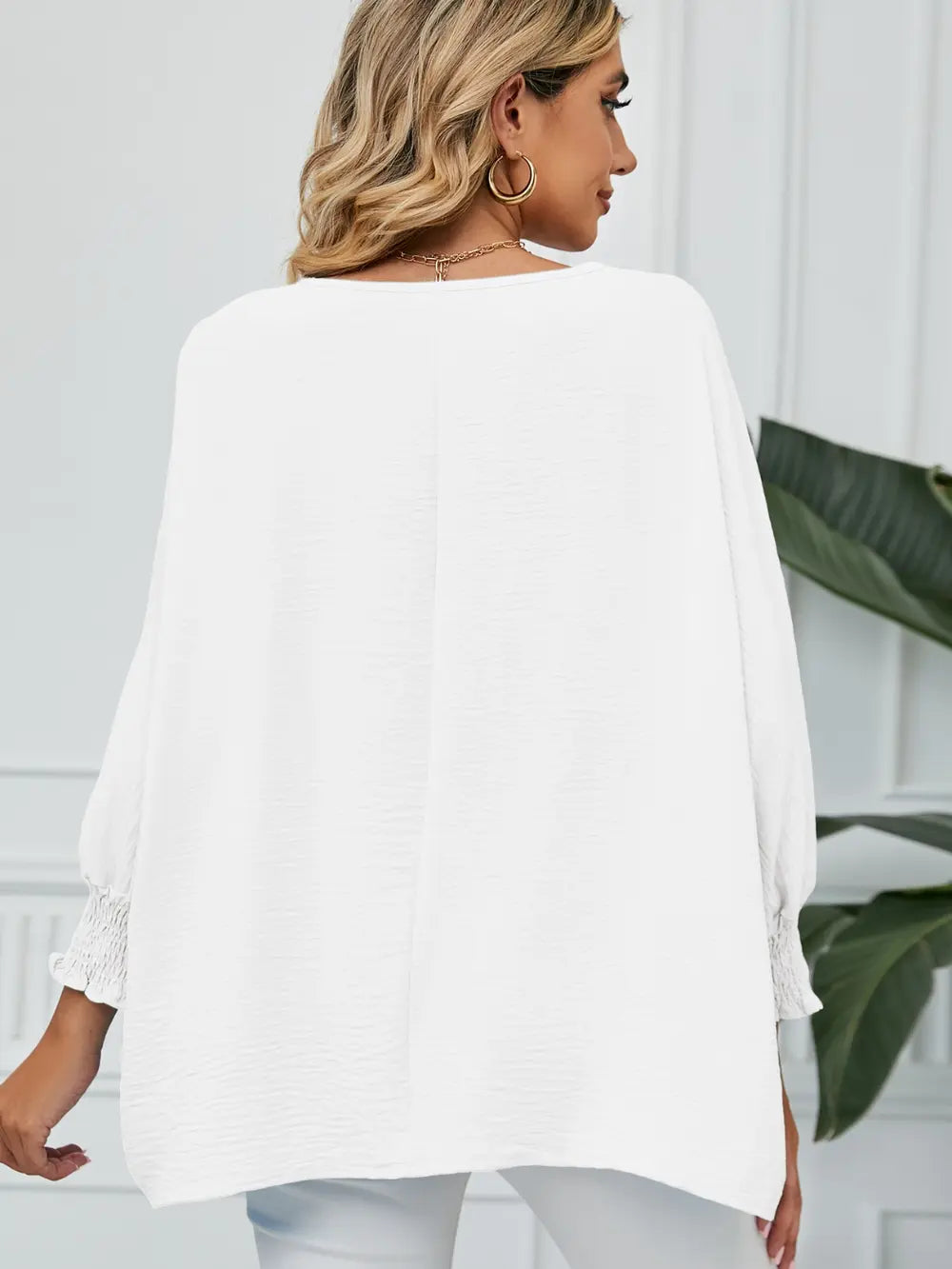 Smocked Lantern Sleeve Round Neck Blouse - Fashorio