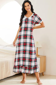 Plaid Lace Trim Ruffle Hem Night Dress Plaid - Fashorio