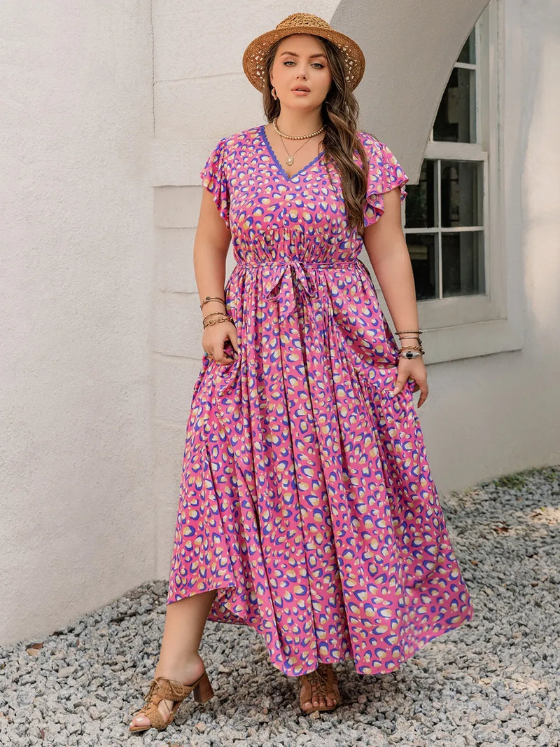 Plus Size V-Neck Flutter Sleeve Tie Waist Maxi Dress, front view
