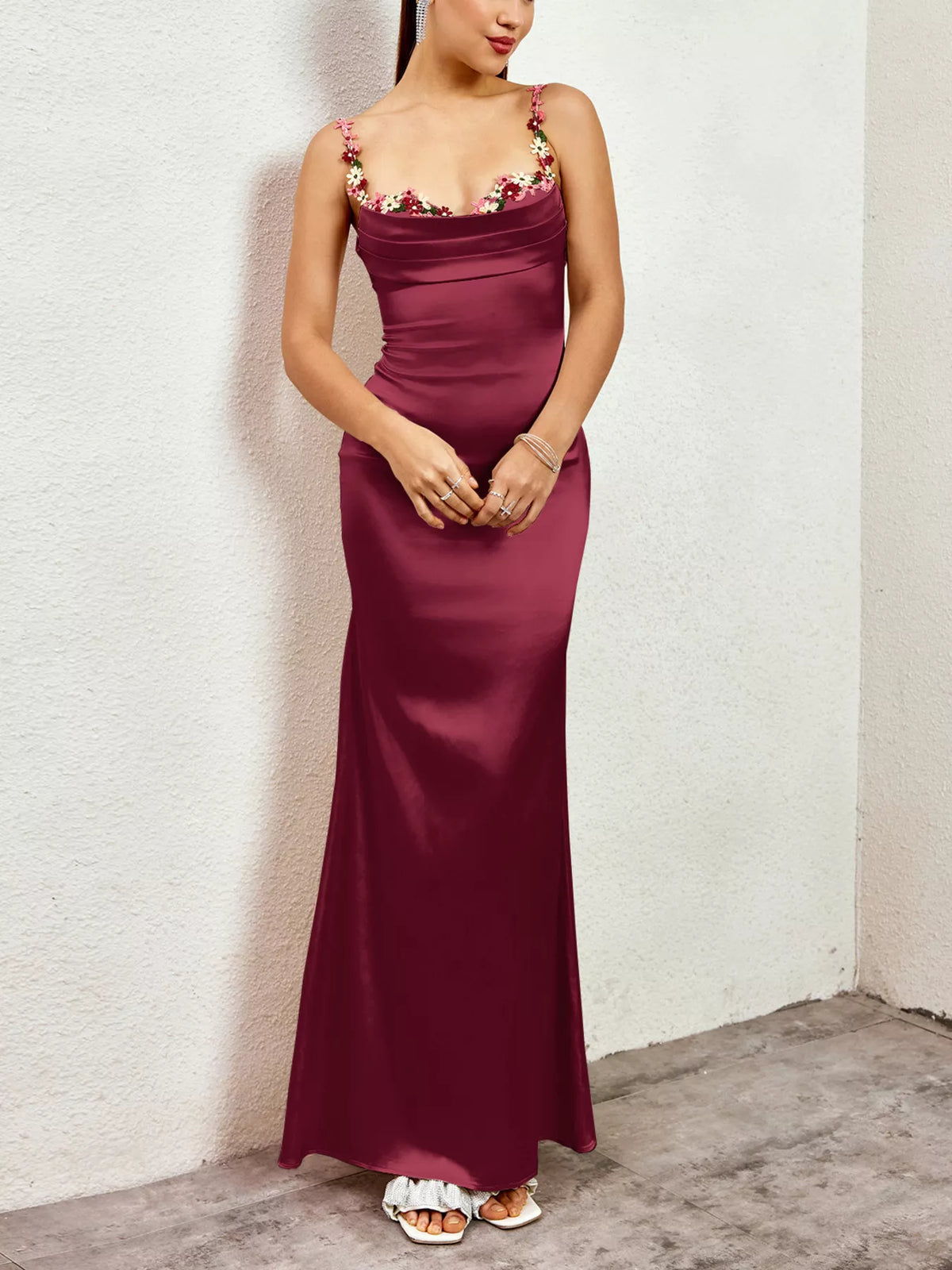 Floral trim satin maxi dress front view