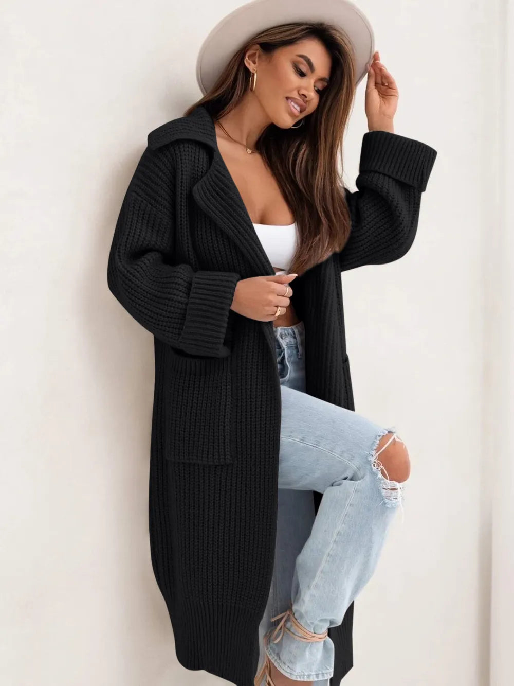 Pocketed Collared Neck Dropped Shoulder Cardigan Black One Size - Fashorio