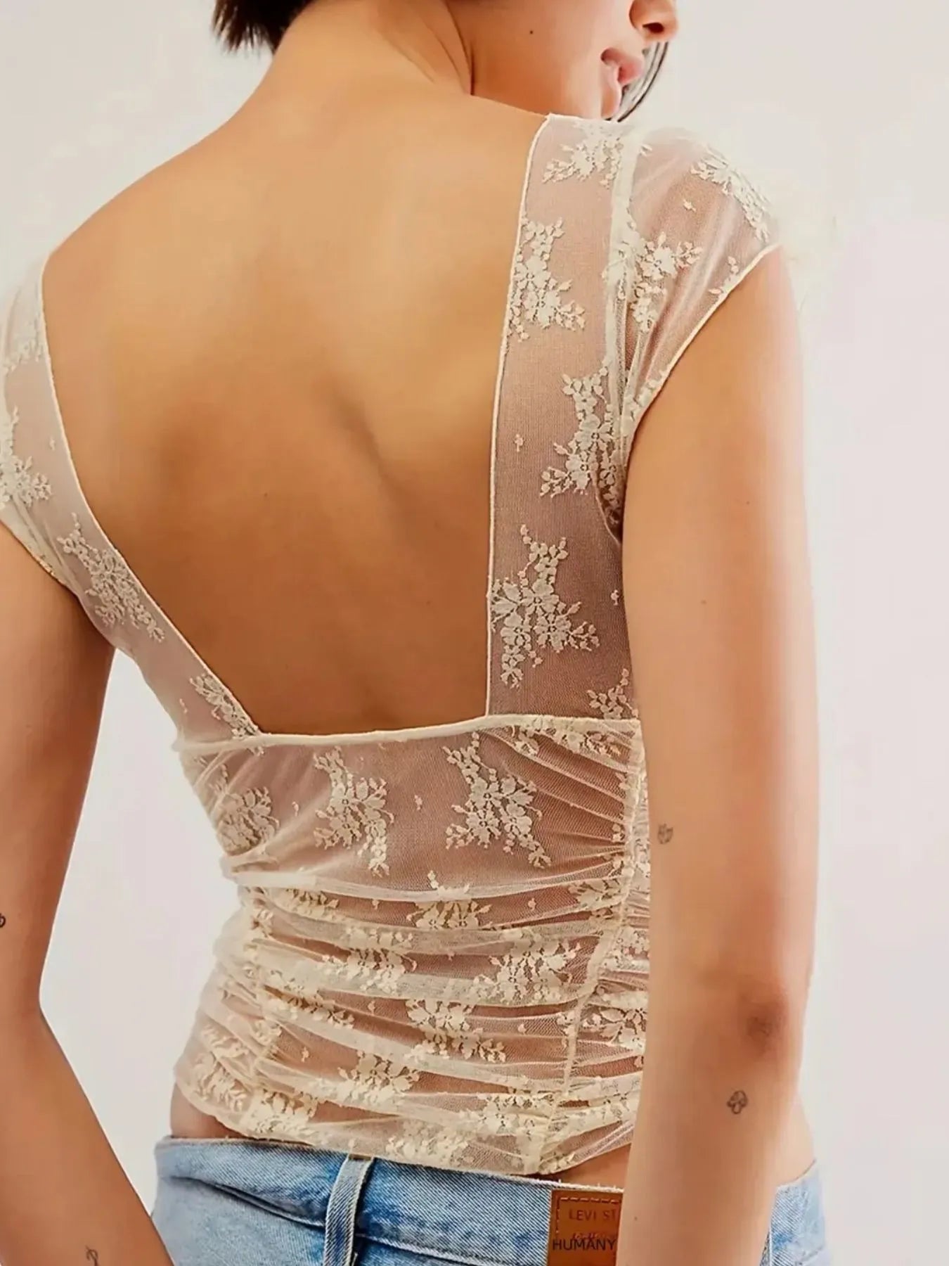 Lace Cap Sleeve Ruched T-Shirt - Fashorio