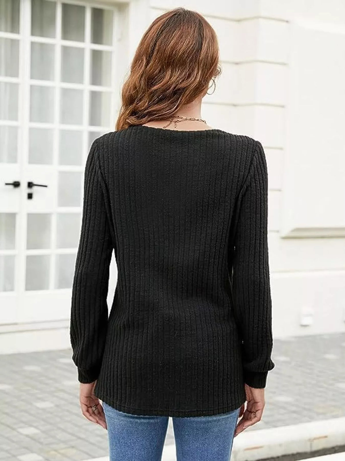V neck ribbed long sleeve knit top back view