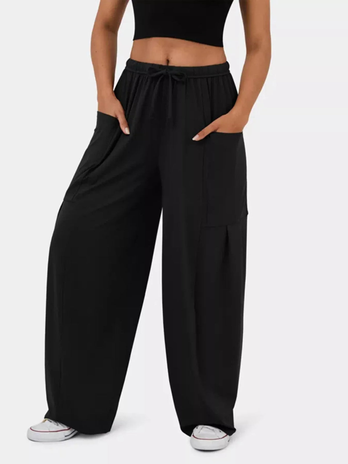 High waisted wide leg drawstring pants detail view