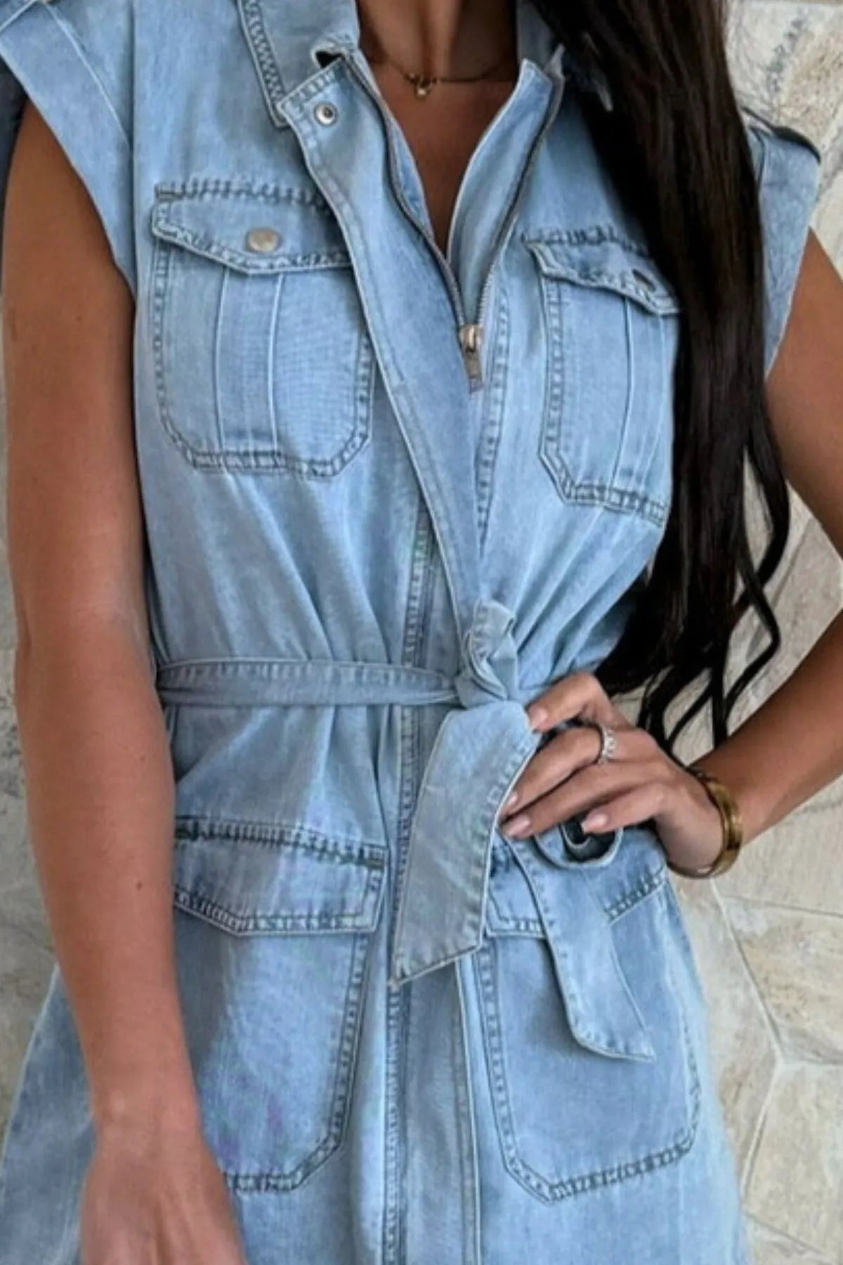 Casual Tie Waist Denim Mini Dress - Fashorio
