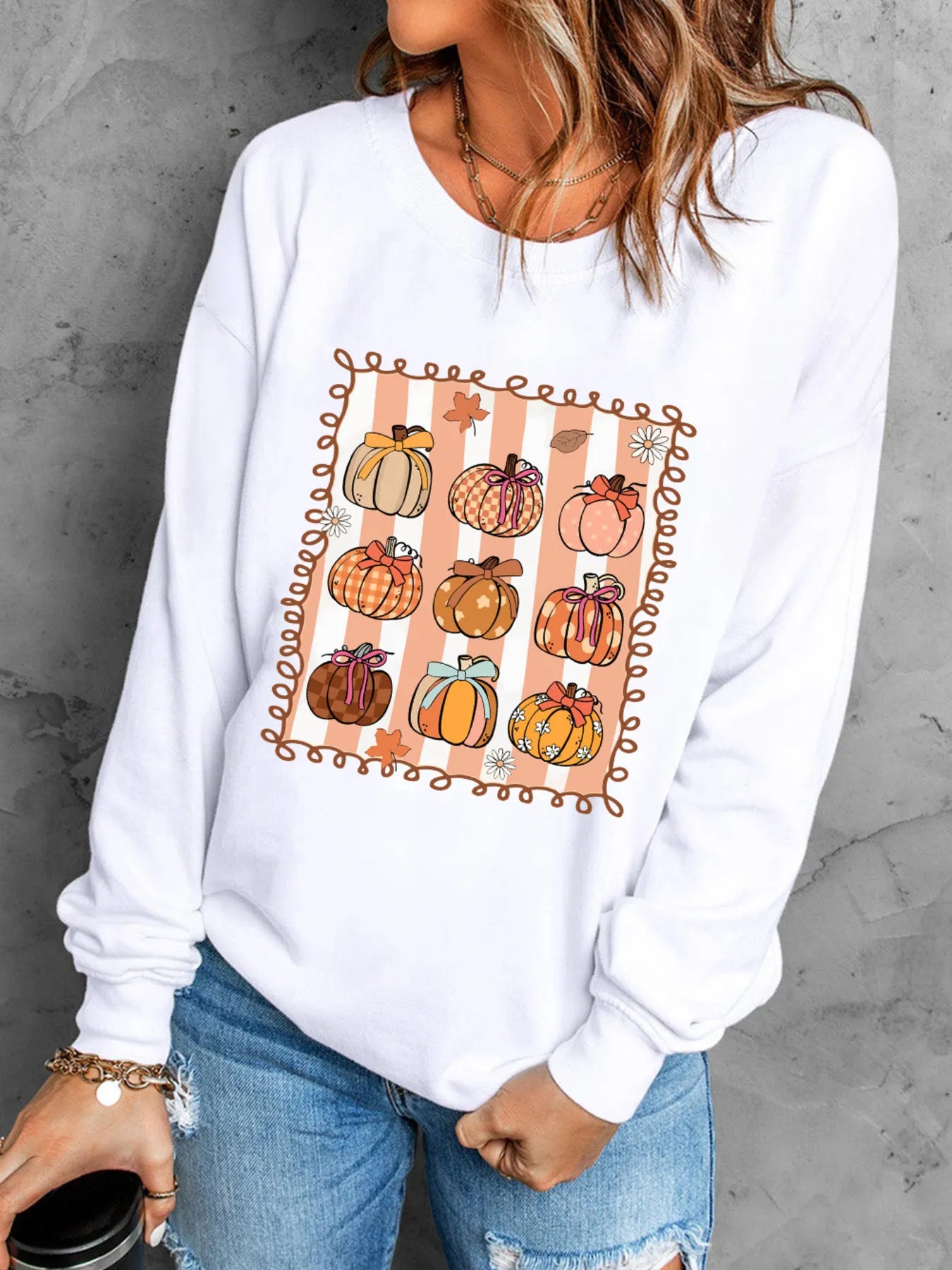 Pumpkin Graphic Round Neck Sweatshirt White - Fashorio
