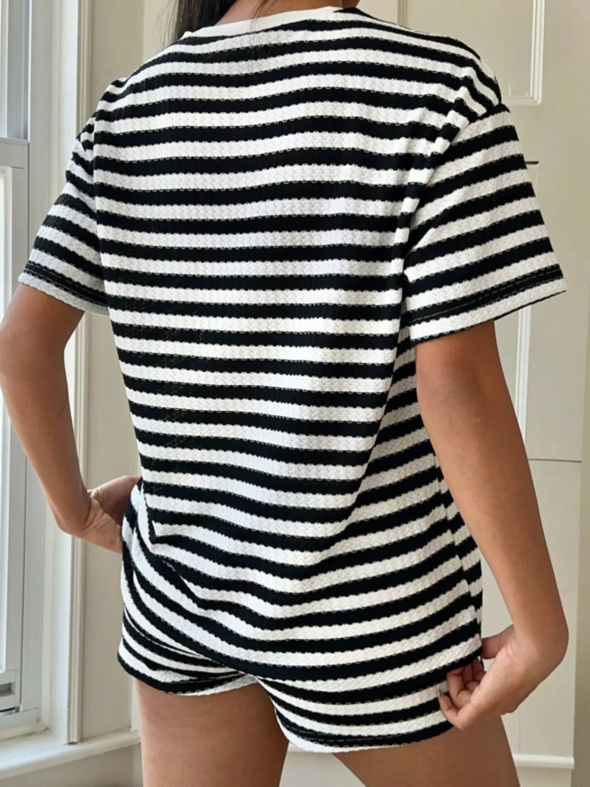 Striped round neck top and shorts full outfit