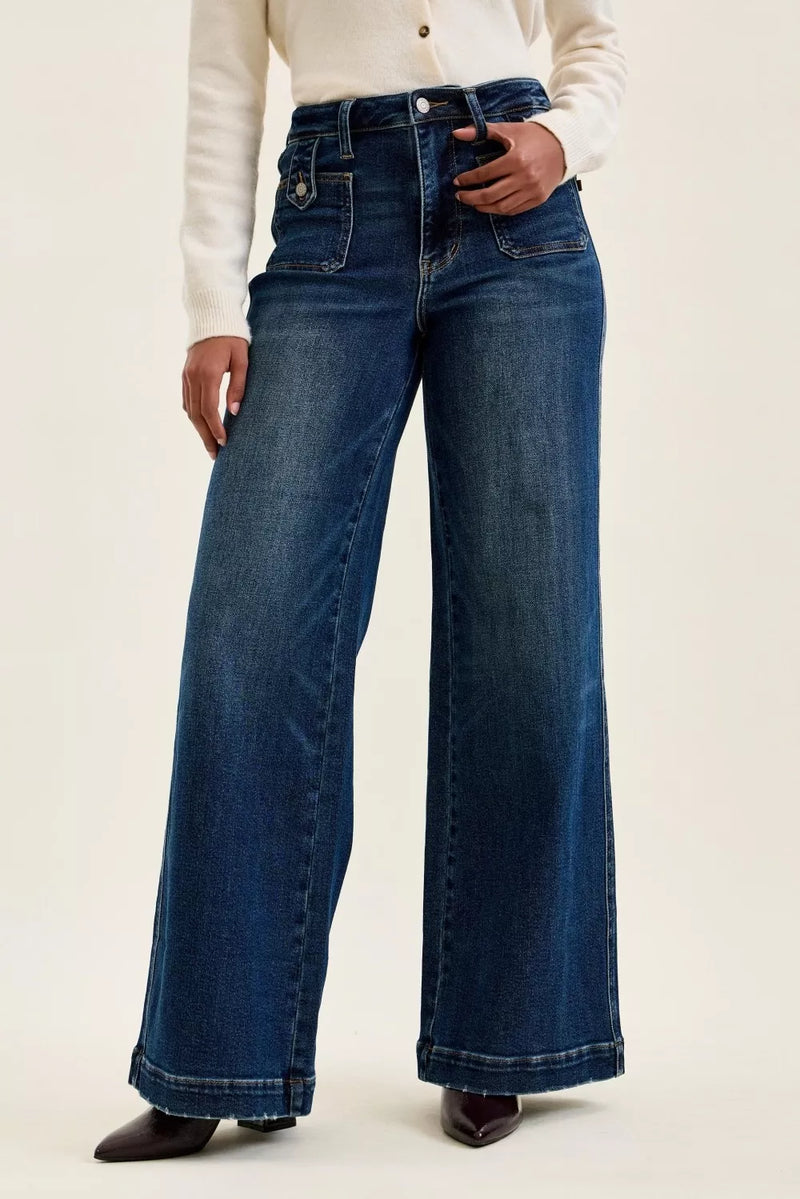 Judy Blue dark indigo retro wide leg jeans front