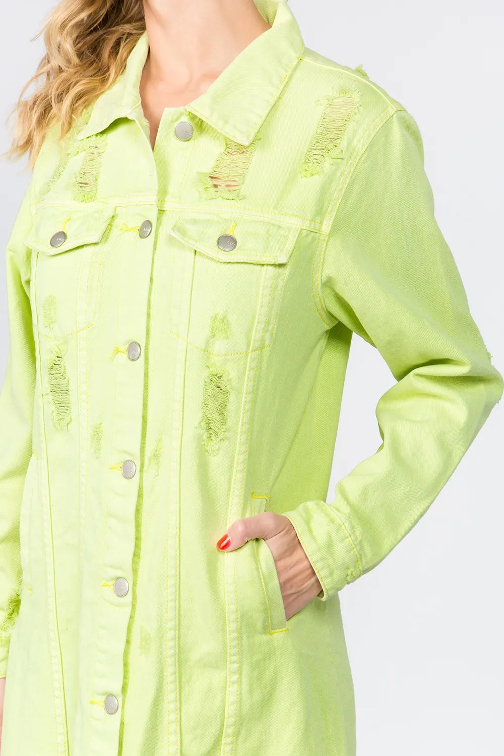 Distressed Denim Button Up Dress in Lime styled look