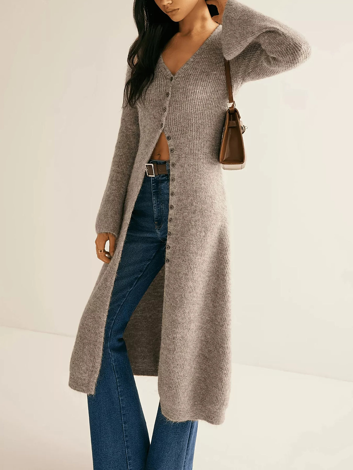 Longline bell sleeve cardigan back view