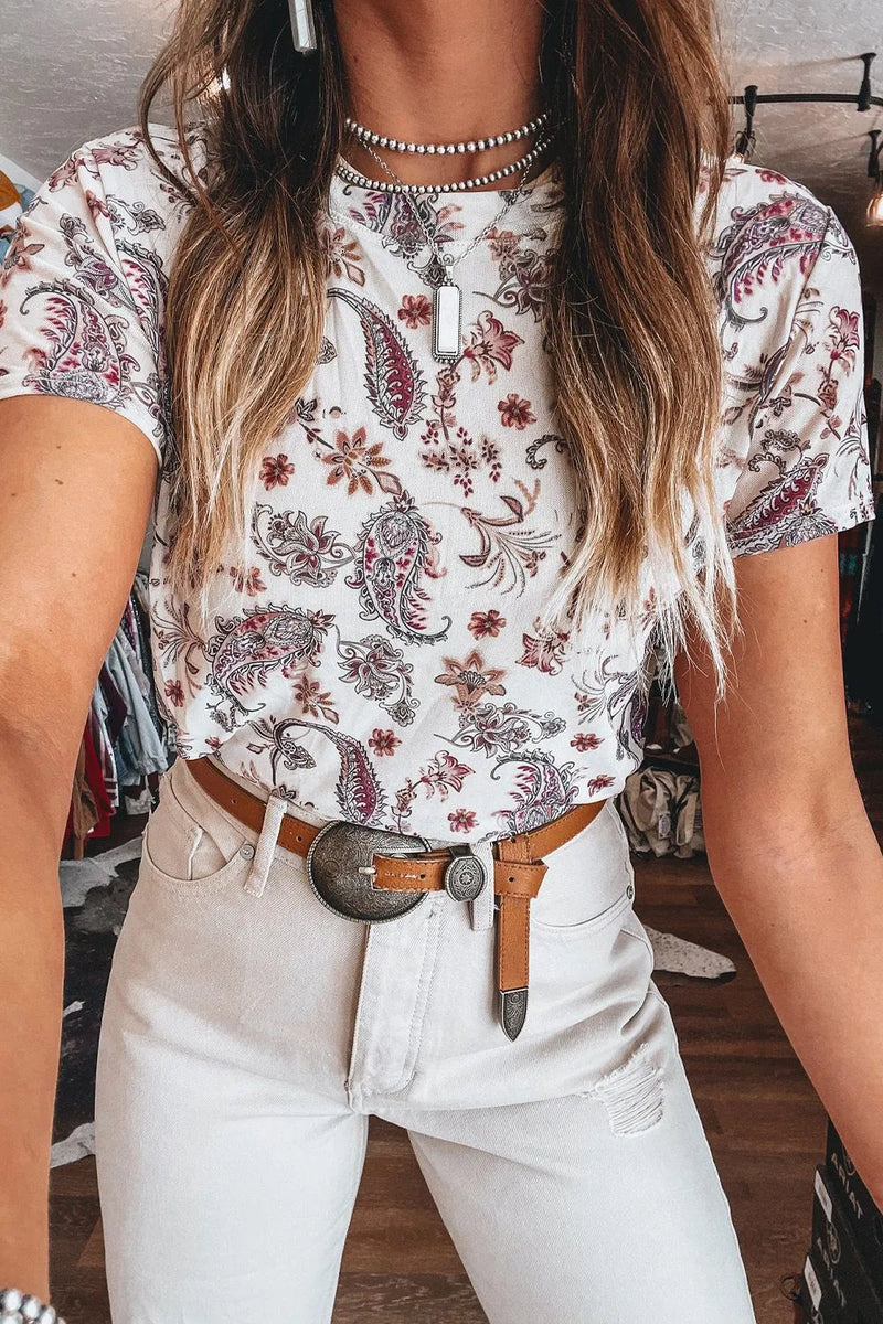 Paisley print mock neck short sleeve top front view