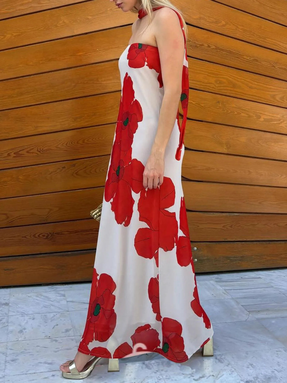 Printed tube maxi dress back detail