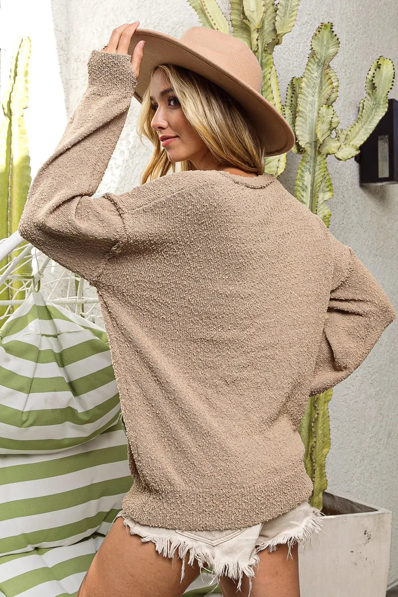 BiBi Raw Edged Popcorn Texture V-neck Sweater - Fashorio