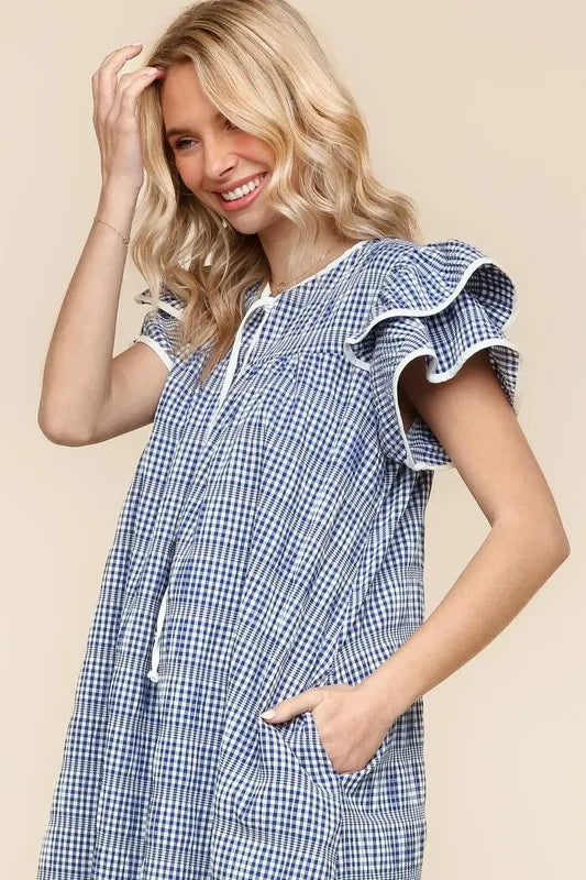Double Ruffle Sleeve Dress with Pockets in Navy view 7
