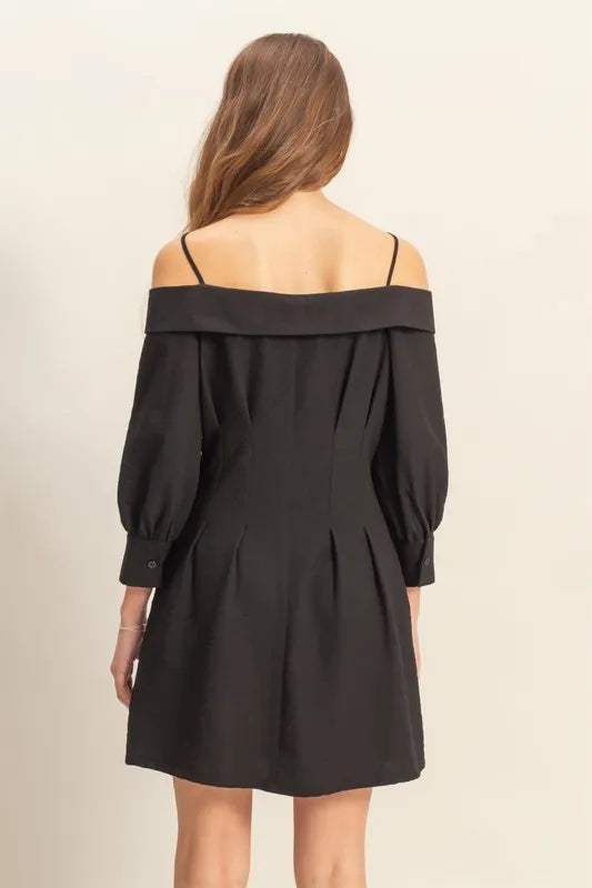 Button Down Spaghetti Strap Mini Dress in Black side view
