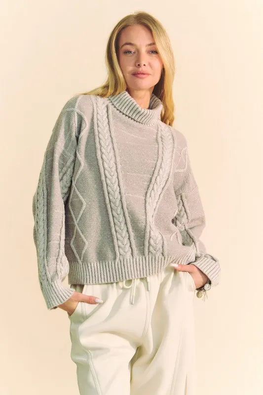 Cable Knit Turtleneck Drop Shoulder Sweater in Gray