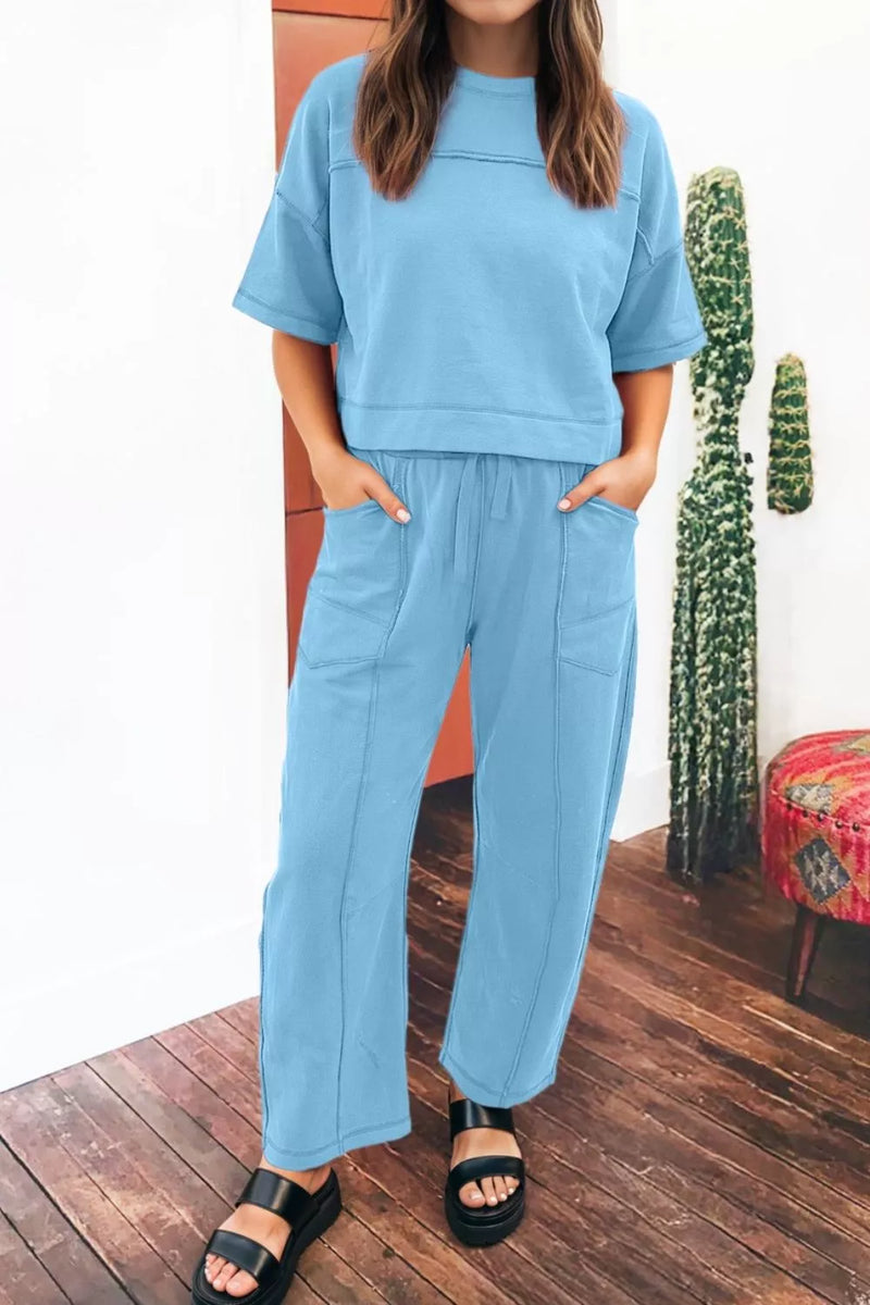 Blue drop shoulder tee and barrel pants set front view