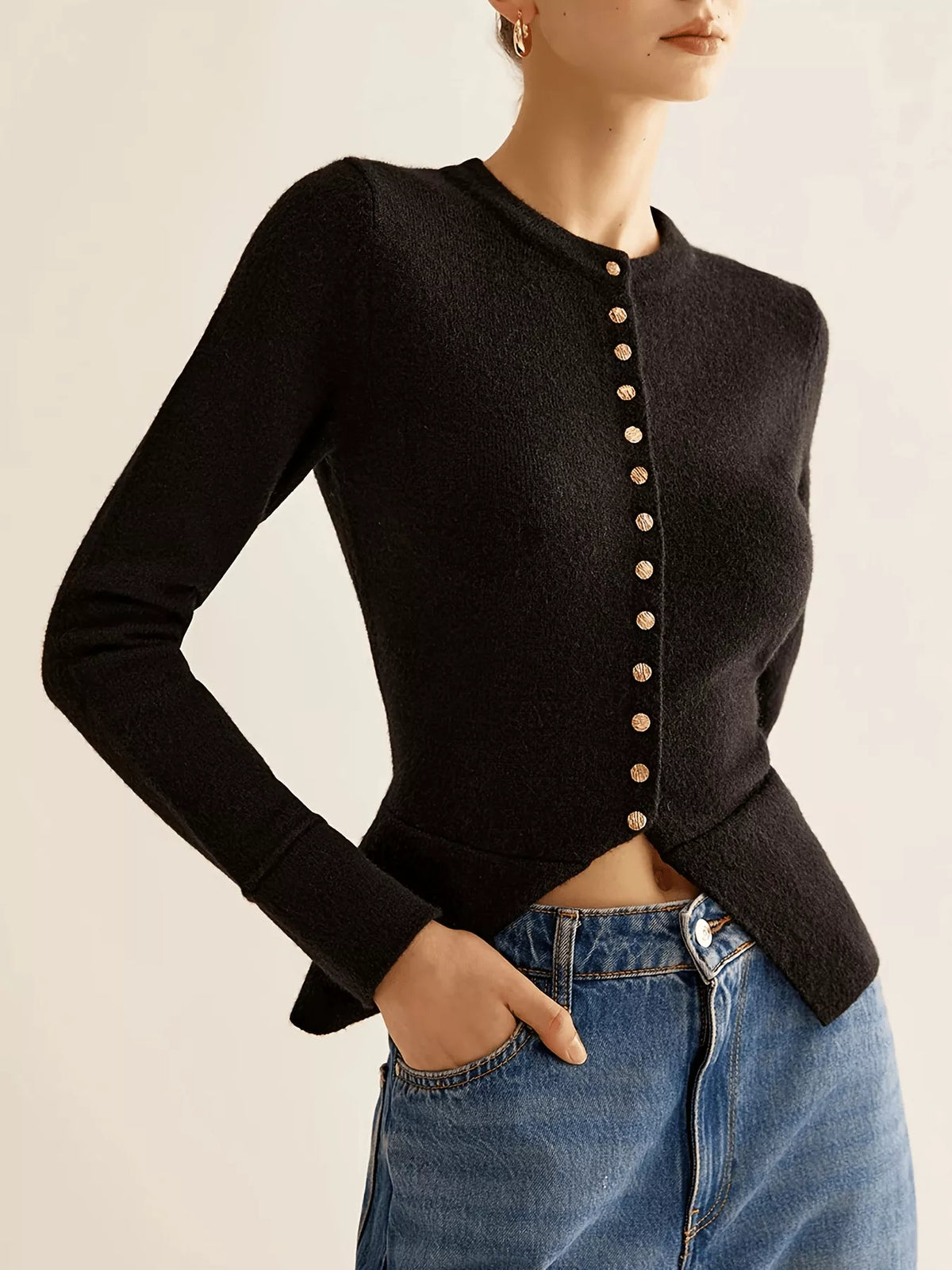 Slim fit button down cardigan in black front view