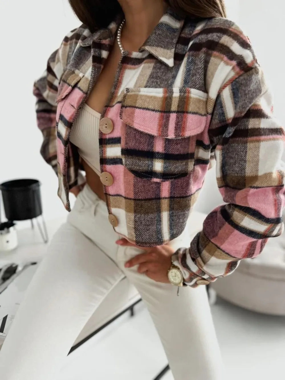 Plaid Collared Pocket Jacket in Pink side view